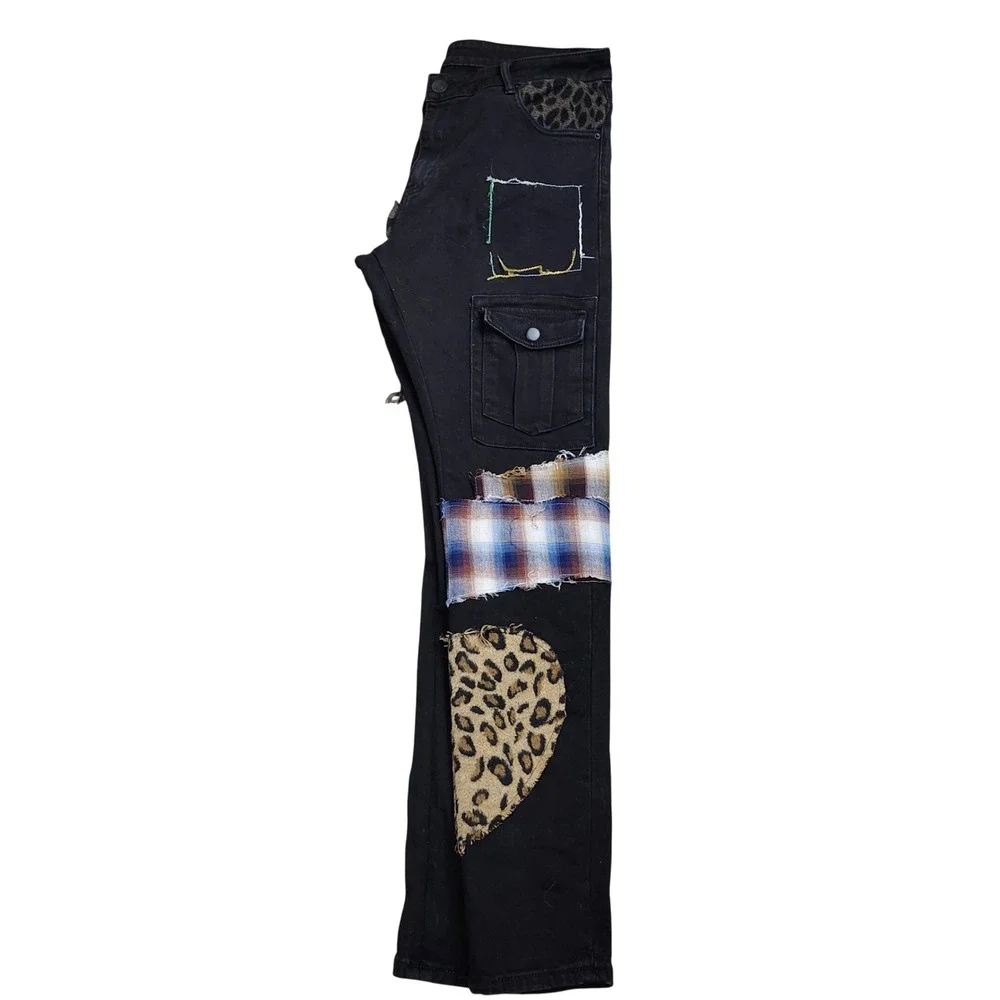 Embellish Trey Black Cargo Patchwork Jeans Leopard Plaid‎ Size 36 Streetwear